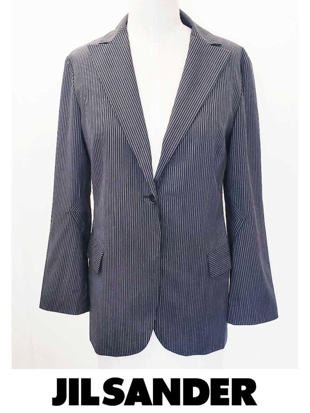 Jil Sander Womens Black and Gray Stripe Stretch Blazer Jacket